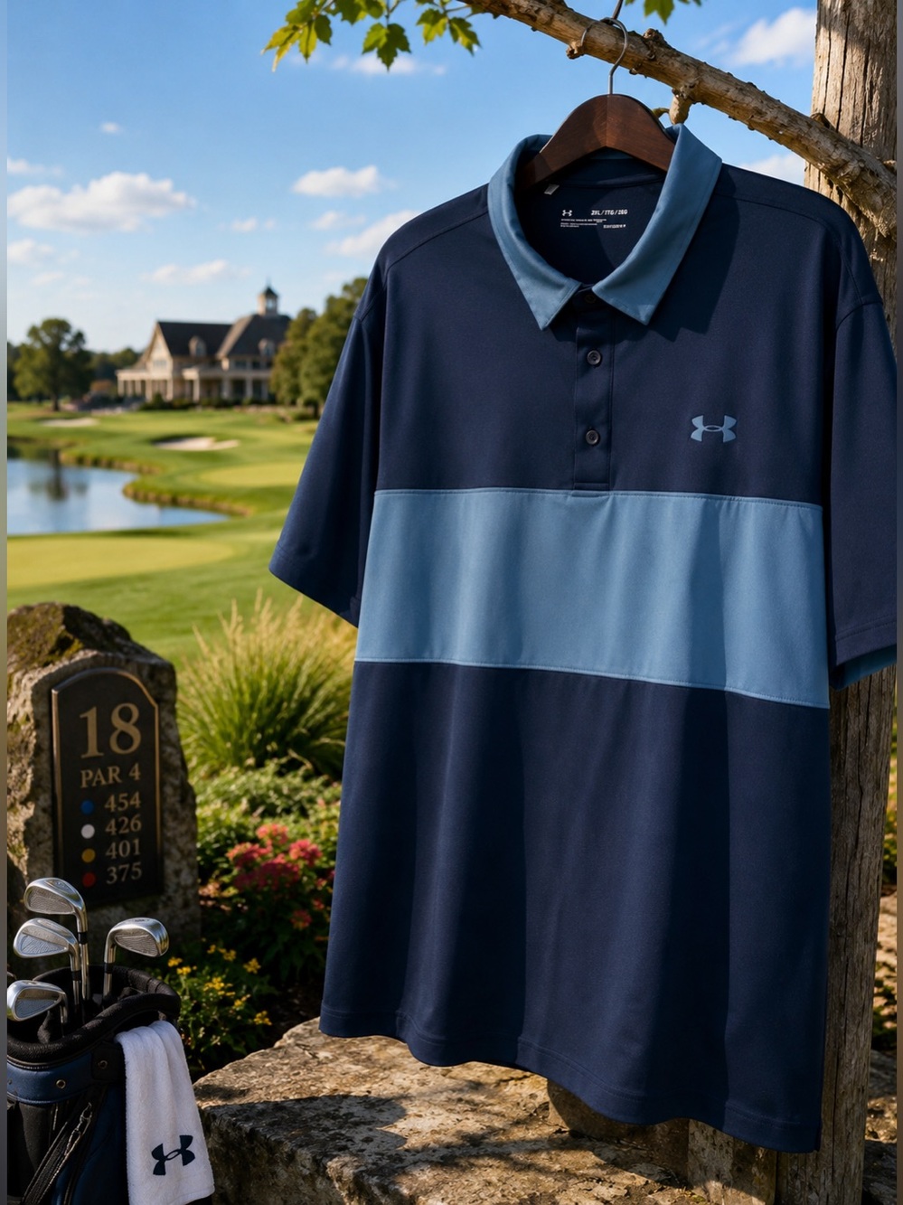 UA HeatGear Polo 2XL Short Sleeve Navy & Light Blue Colorblock Style 403147335